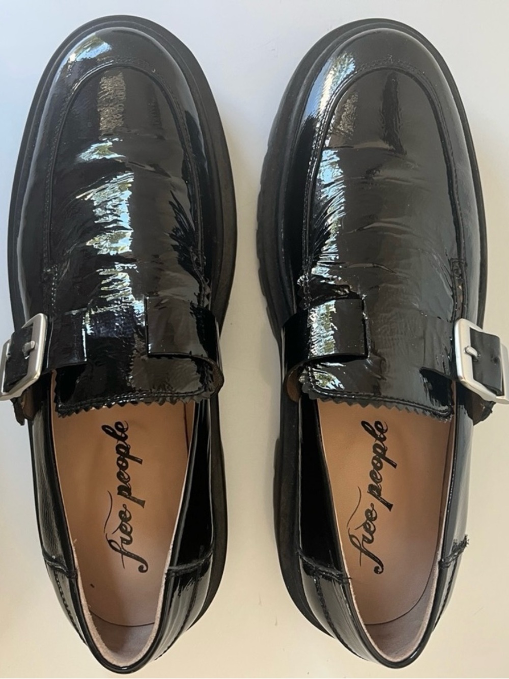 Free People MacKenzie MJ Patent Leather Loafers Black Lug Sole Size 40